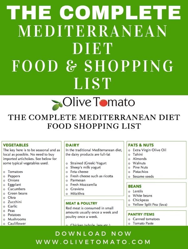 Explore the wonderful Mediterranean Diet. Print this free complete Mediterranean Diet Food List that is based on the authentic Mediterranean Diet. By Mediterranean Diet Expert and Registered Dietitian Nutritionist Elena Paravantes RDN.
