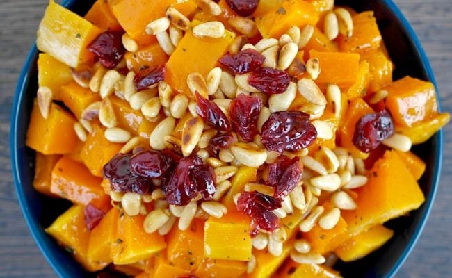 Roasted Butternut squash with pine nuts and cranberries
